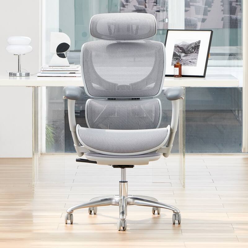 COLAMY Ergo Chair with Footrest, High Back, Adj Headrest, 3D Arms, Mesh (Grey)