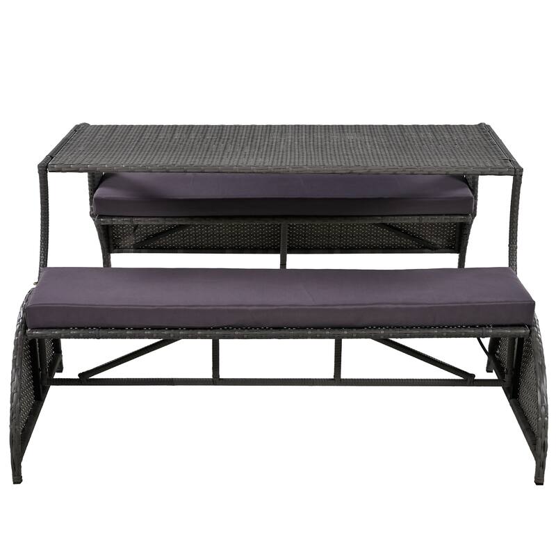 Outdoor Convertible Rattan Loveseat Conversation Sofa Set with Dining Function