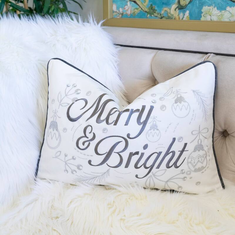 Merry & Bright Christmas Throw Pillow - 14x20" White and Silver Embroidered Velvet Lumbar Cushion