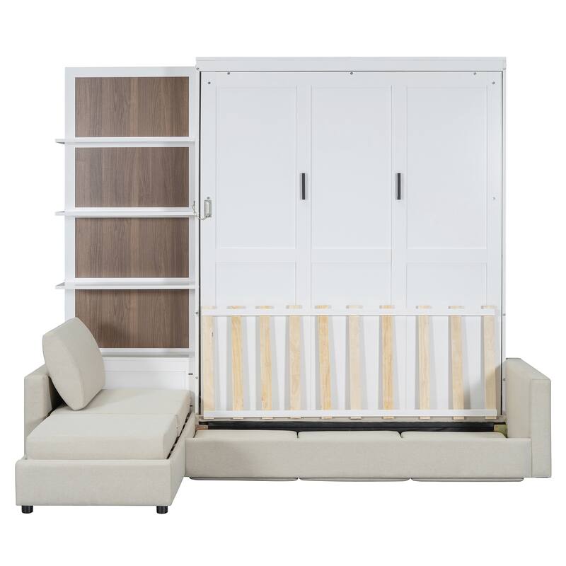 Roomfitters Queen Murphy Wall Bed with Sofa and Storage Shelves Foldable Frame
