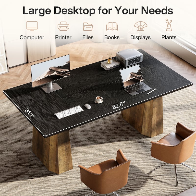 63-Inch Office Computer Desk, Large Simple Executive Desk with Double Wooden Pedestal