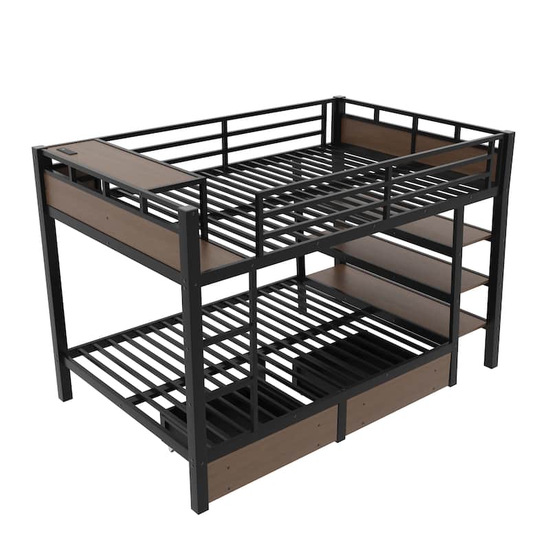 Full/Twin Metal Bunk Bed with Storage Shelves & USB Ports