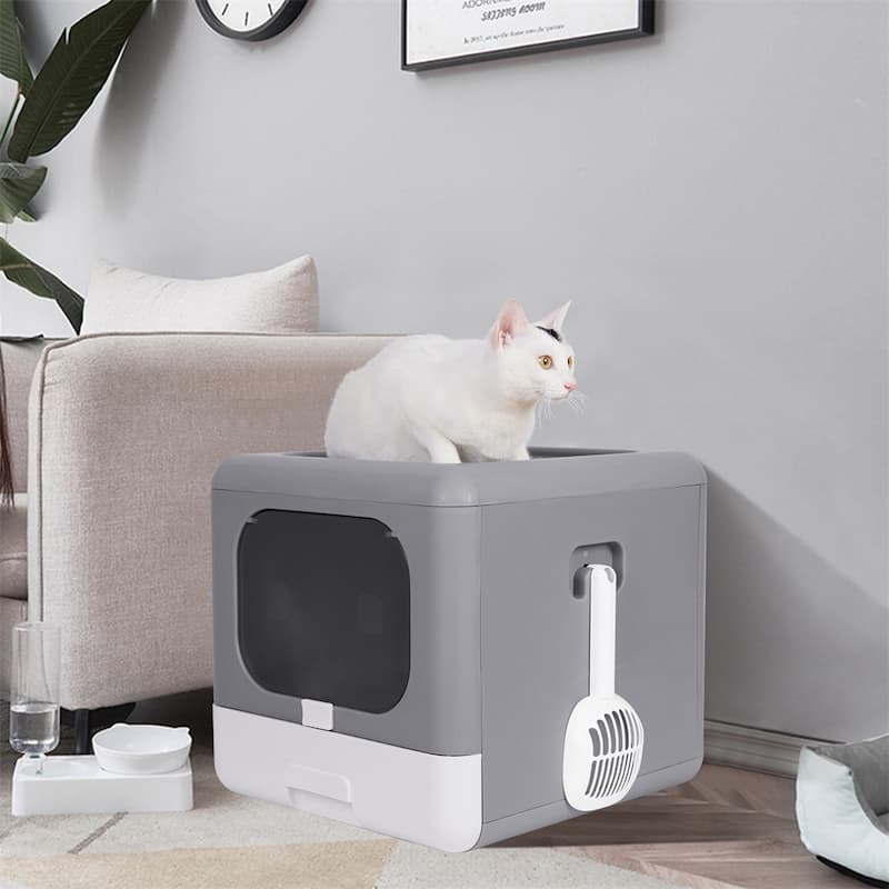 2Way Enclosed Cat Litter Box Top Entry with Scoop Fully Pull Out Drawer, Easy to Install&clean