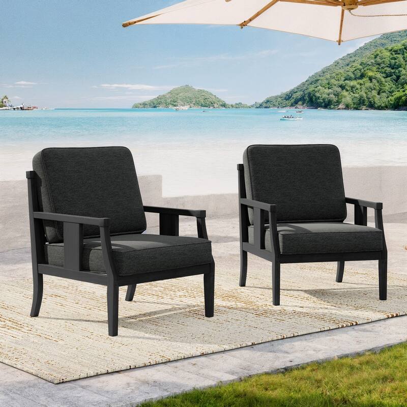Black Wood Patio Accent Chairs with Water-Resistant Cushions - Dark Grey