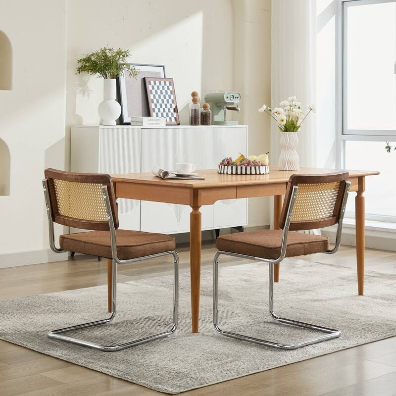 Mid Century Modern Dining Chairs Set of 2, Natural Cane Back & Stainless Chrome Base, Upholstered Rattan Kitchen Chairs