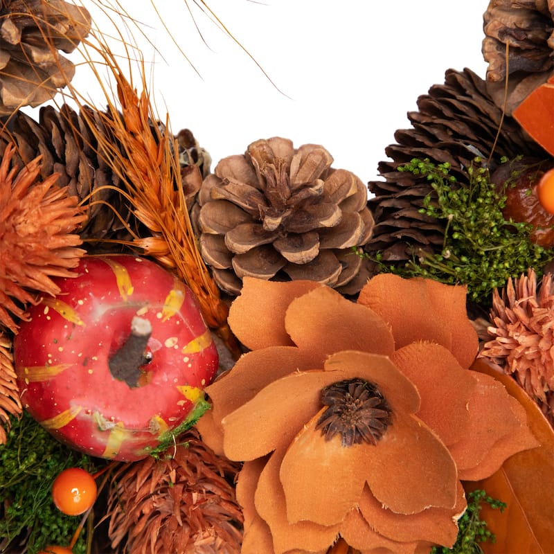 Autumn Harvest Orange Flowers Gourds Pine Cone Wreath 13.25 Inch Unlit