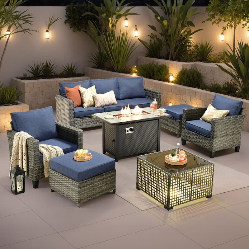 OVIOS 7 Pieces Patio Furniture Set with Solar-Powered Table & Fire Pit
