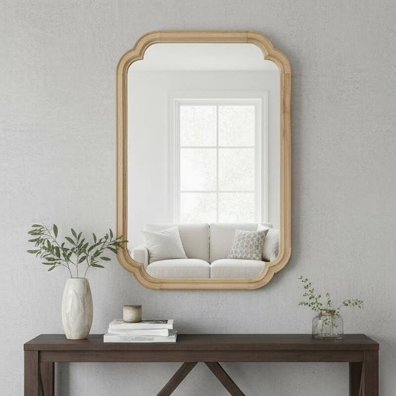24"x 36" Solid Wood Frame Rounded Corner Decorative Mirror, For Bedroom, Bathroom, Living Room, Entryway - Natural Wood