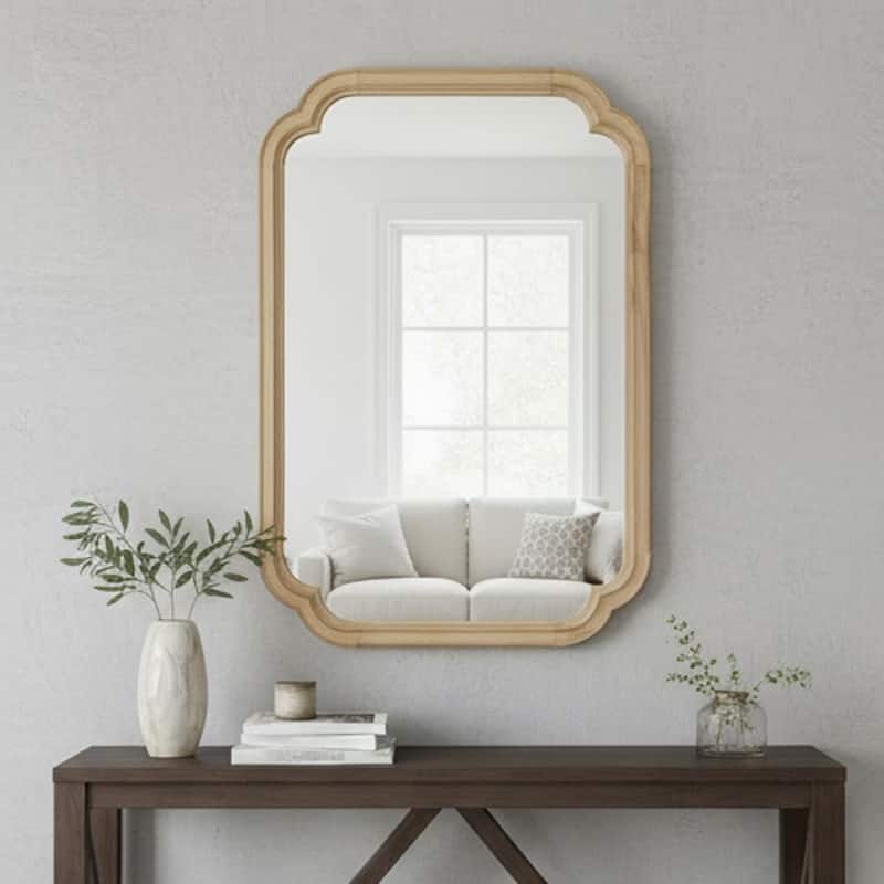 GDFStudio - Caldera Luxury Modern Sculpted Solid Wood Rounded Corner Decorative Wall Mirror with Dual Orientation Hanging - Natural Wood - 24" x 36"
