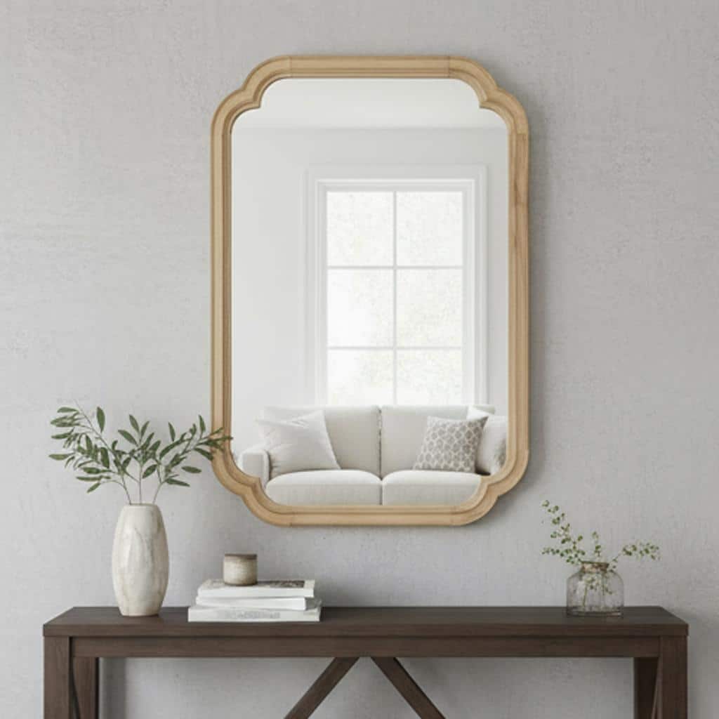 Natural Wood Rounded Corner Solid Wood Decorative Mirror - Bedroom, Bathroom, Living Room - Natural Wood