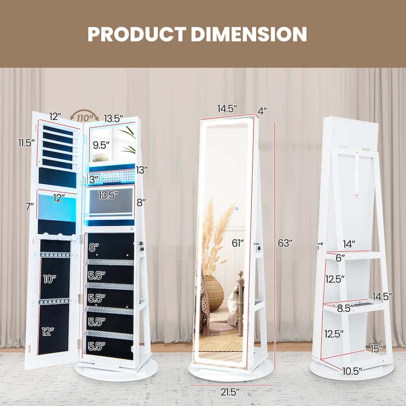 Costway 360° Swivel Jewelry Cabinet Organizer 3-Color LED Mirror with - See Details