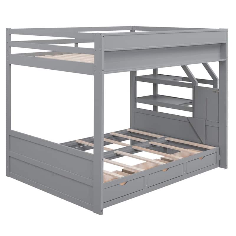 Merax Wood Full Size Convertible Bunk Bed with Storage Staircase