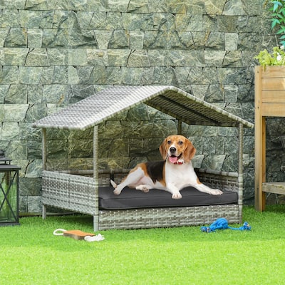 PawHut Wicker Dog House Raised Rattan Bed for Indoor/Outdoor with Cushion Lounge