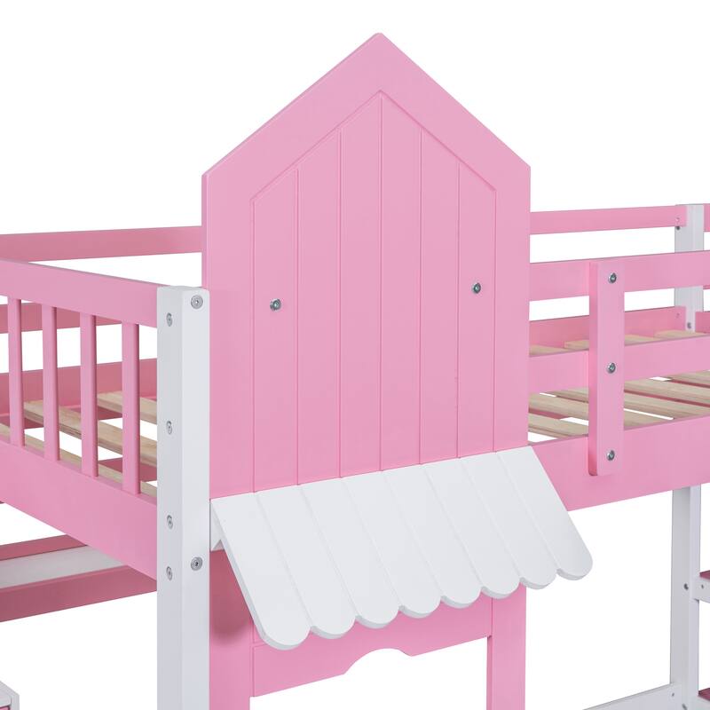Pink Twin-Over-Twin Castle Bunk Bed with Drawers, Shelves, and Slide