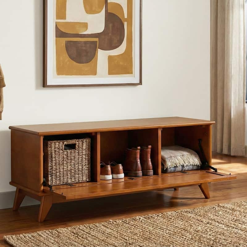 WYNDENHALL Tierney 44" Wide Solid Wood Mid Century Flip-Down Storage Bench in Teak Brown - 16"D x 44"W x 18.5"H - Teak Brown