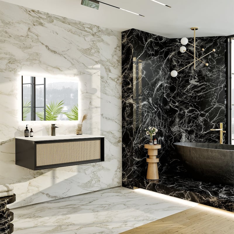 Nets 44 in. Natural Oak/Black SS Bath Vanity with Solid Surface Top