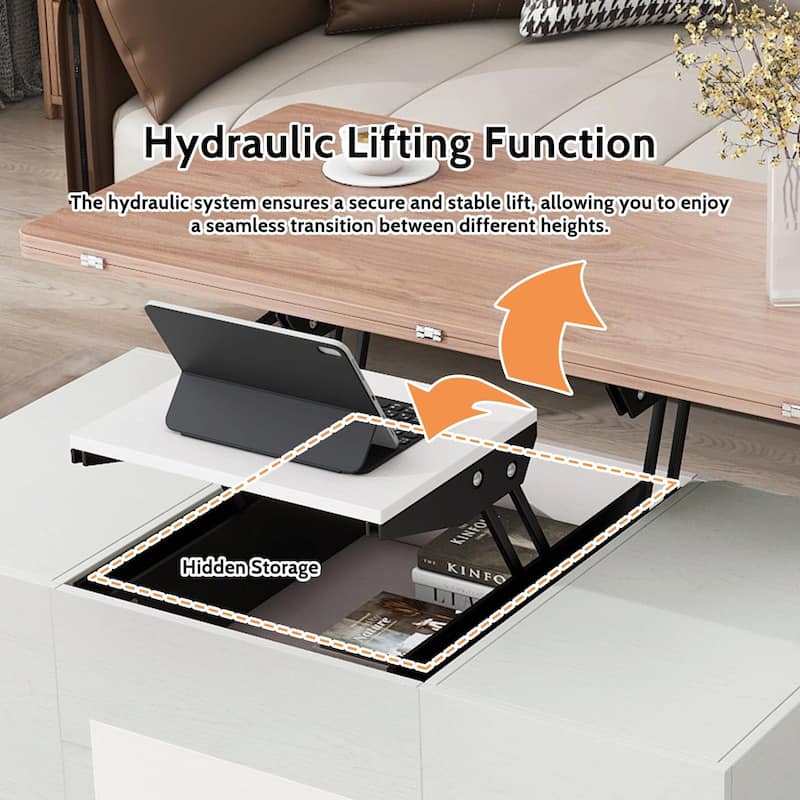 Modern Lift Top Coffee Table with Drawers & Shelves