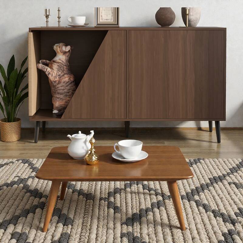 2-in-1 Walnut Cat Litter Box Cabinet with Spring-Loaded Door, Cat Scratch Side Table, Modern Pet Furniture for Living Room - Walnut
