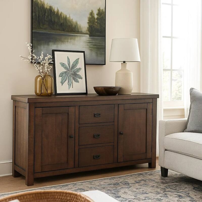 Camie Buffet Cabinet, 3 Drawers, Wine Racks, Brown Mahogany Wood