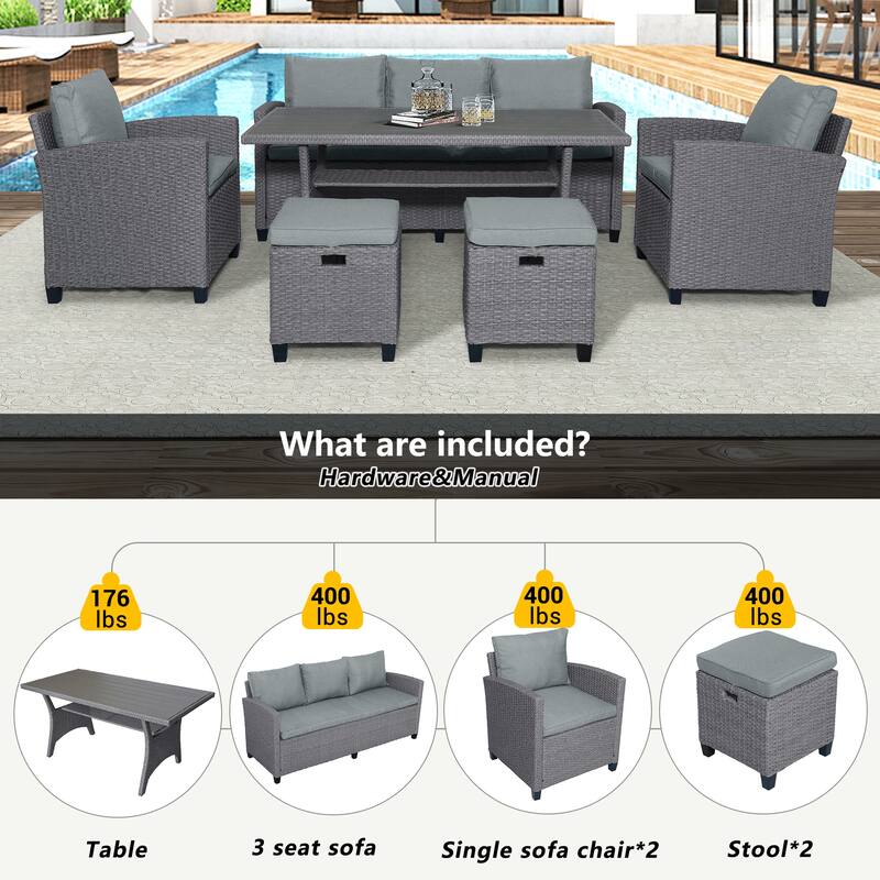 6-Piece Outdoor Rattan Wicker Set, Patio Garden Backyard Sofa, Chair, Stools & Table