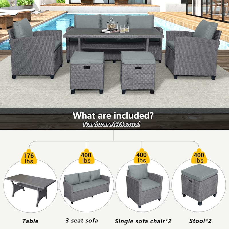 Roomfitters 6-Piece Outdoor Rattan Wicker Patio Garden Set with Sofa, Chair, Stools and Table