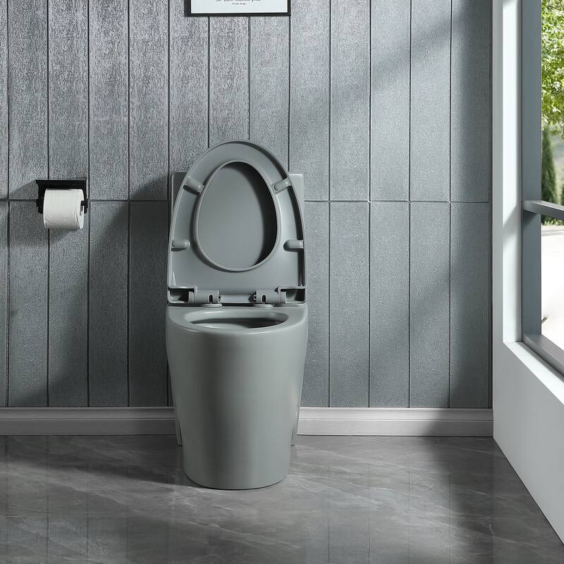 15 5/8 Inch One-piece 1.1/1.6 GPF Dual Flush Elongated Toilet with Soft-Close Seat - Light Grey