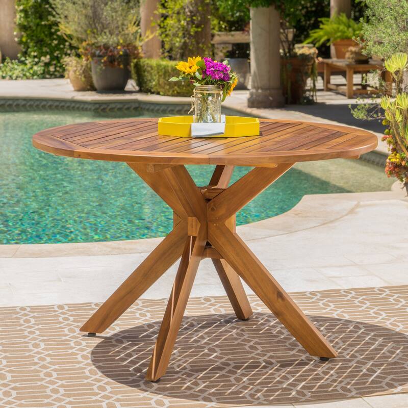 Christopher Knight Home - Iris 5-Piece Outdoor Dining Set with Four Woven Metal Frame Chairs and Acacia Wood Round Table