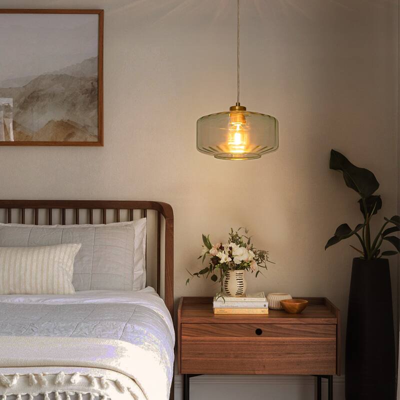 Mid-century Modern 1-Light Lantern Glass Pendant Light with Green Ribbed Glass Shade for Kitchen Island, Dining Room