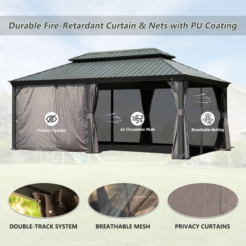 12' X 20' Hardtop Gazebo with Galvanized Steel Roof, Aluminum Frame, Curtains & Netting for Patio, Deck, Garden