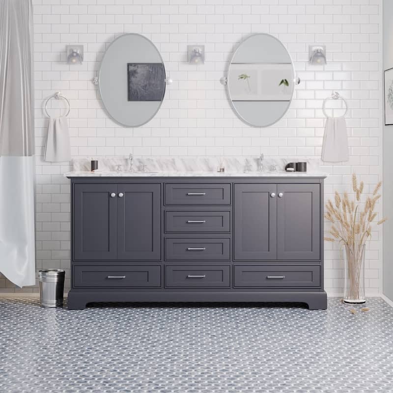 KitchenBathCollection Harper 72" Double Bathroom Vanity with Carrara Marble Top - Marine Gray