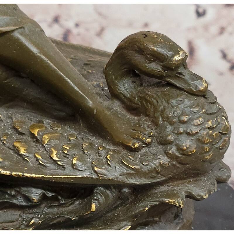 Bronze Fairy And Child In Swan Boat Sculpture On Marble Base
