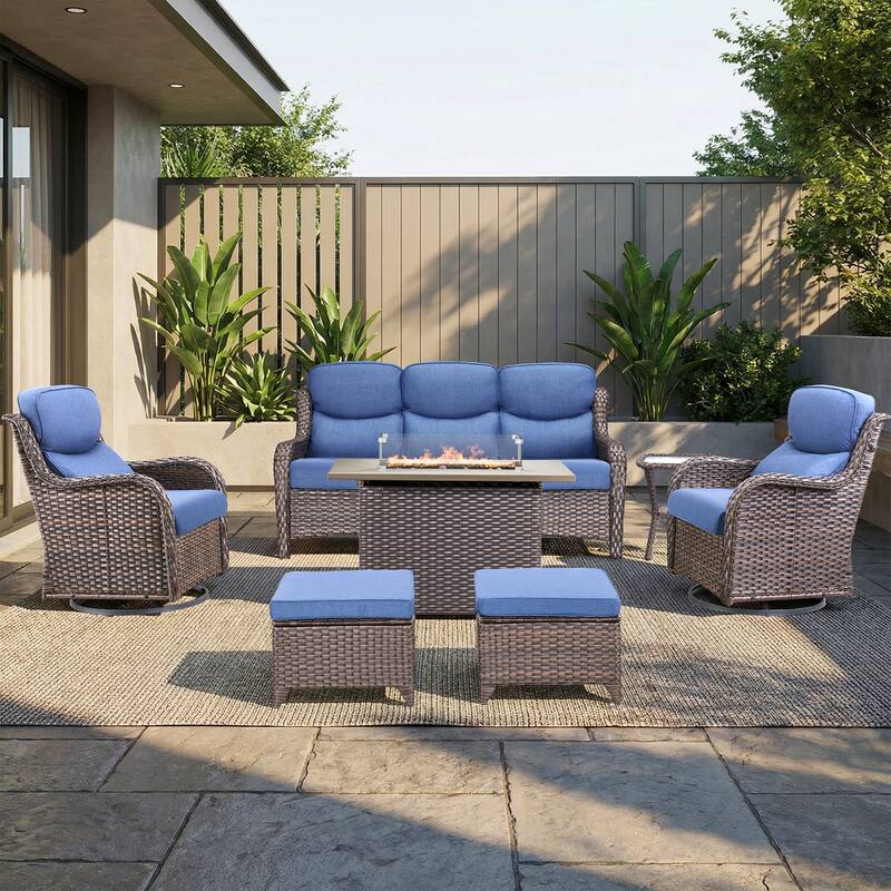 Pocassy Outdoor Fire Pit Sofa Swivel Chairs Ottoman Conversation Set - Brown Wicker Blue Cushion - 7-Piece Sofa Swivel Chair Ottoman w/ Fie Table