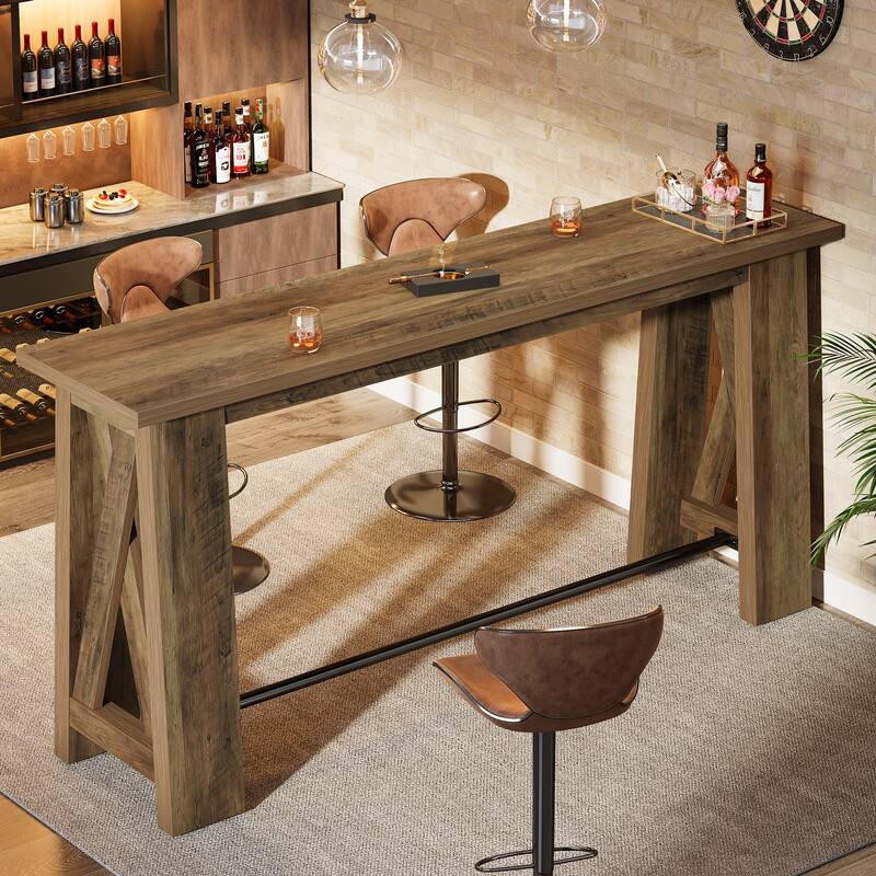 63" Bar Table with Metal Footrest, Counter Height Pub Table - Brown