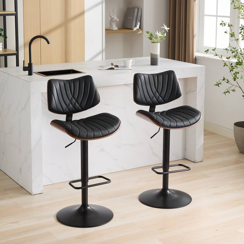 Roomfitters Mid-Century Adjustable Swivel Bar Stool, Walnut Bentwood PU Leather Counter Chair with Ergonomic Back - Black - Set of 2