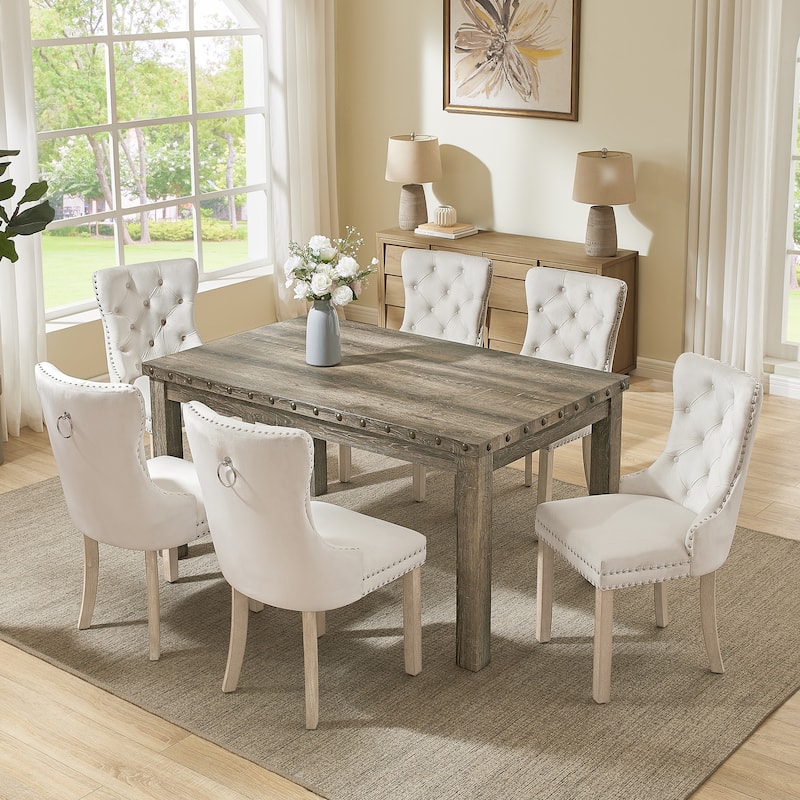 Mordern Fort Vintage Dining Table Set, Tufted Upholstered Chairs with Studded Trim
