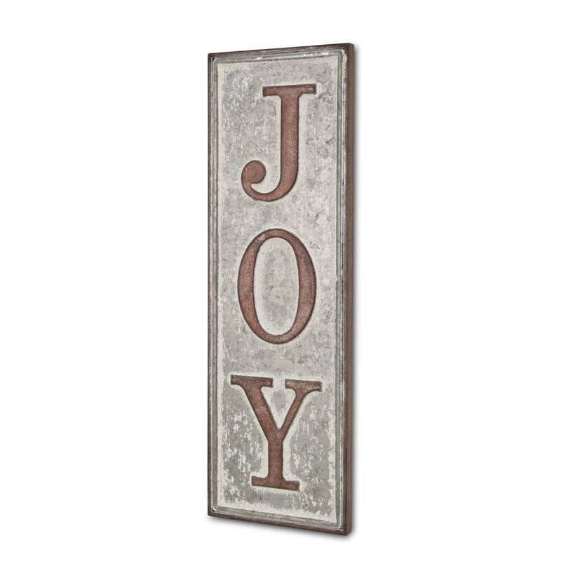 HomeRoots 19" X 6" Gray and Brown Handcrafted Joy Metal Wall Decor