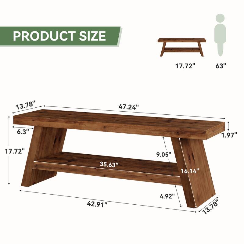 2 Tier Shoe Rack Bench for Entryway, Bedroom, Living Room, Solid Wood Bench Indoor with Storage Shelves