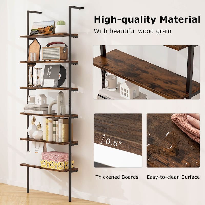 6-Tier Vertical Ladder Shelf 72" Tall Bookshelf with Metal Frame