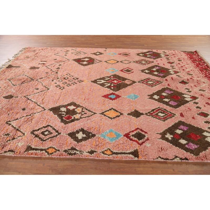 Plush Pink Moroccan Area Rug Hand-Knotted Tribal Wool Carpet - 7'11" x 10'8"