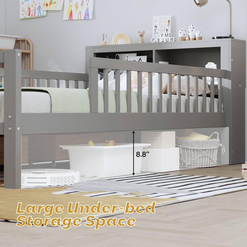 Safe Kids Bed Platform Bed Twin Size Wood Bed Frame with Storage Headboard and 2 Drawers Under, 3-Side Guardrails for Boys Girls