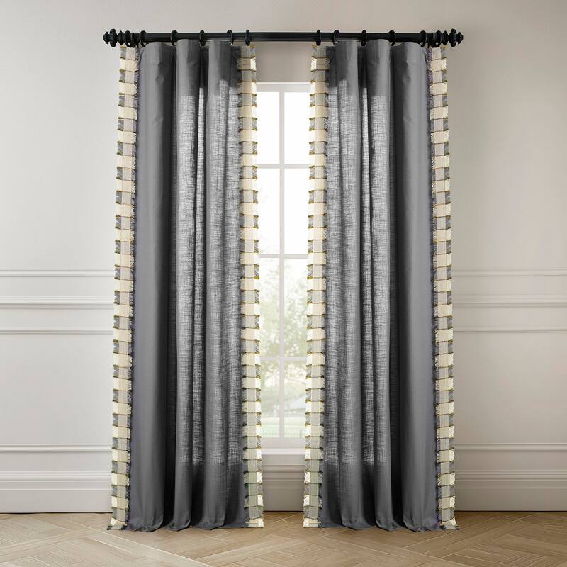 Exclusive Fabrics Bordered Textured Cotton Curtains For Bedroom & Living Room Curtains - Single Panel Drapes - 50 X 96 - Dixy Grey