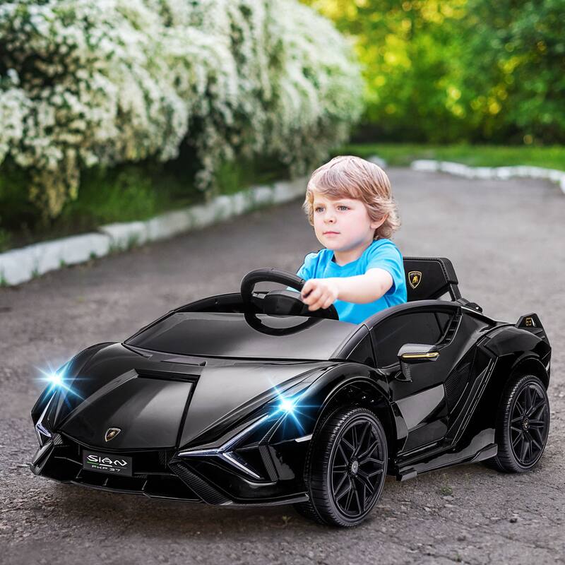 Black Lamborghini SIAN 12V Ride-On Car for Kids, Electric Car with Parental Remote Control, Horn, Music, and Seat Belts