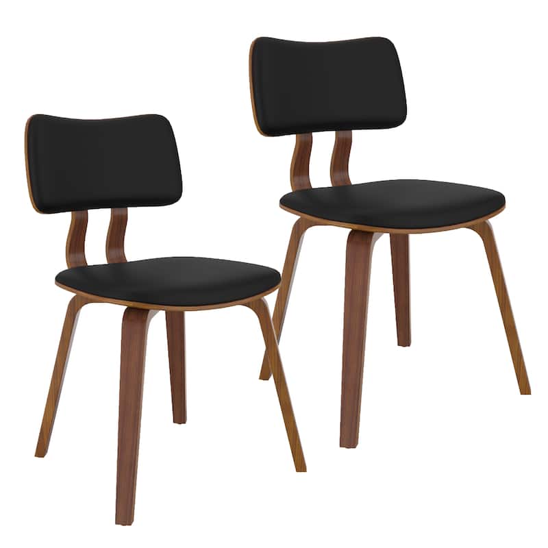 Mid-Century Modern Faux Leather and Wood Dining Chair, Set of 2 - Black and Walnut