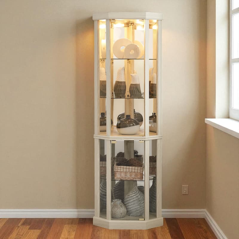 Lighted Corner Curio Cabinet with Glass Doors, Adjustable Shelves & Mirrored Back, Elegant Display Case for Wine