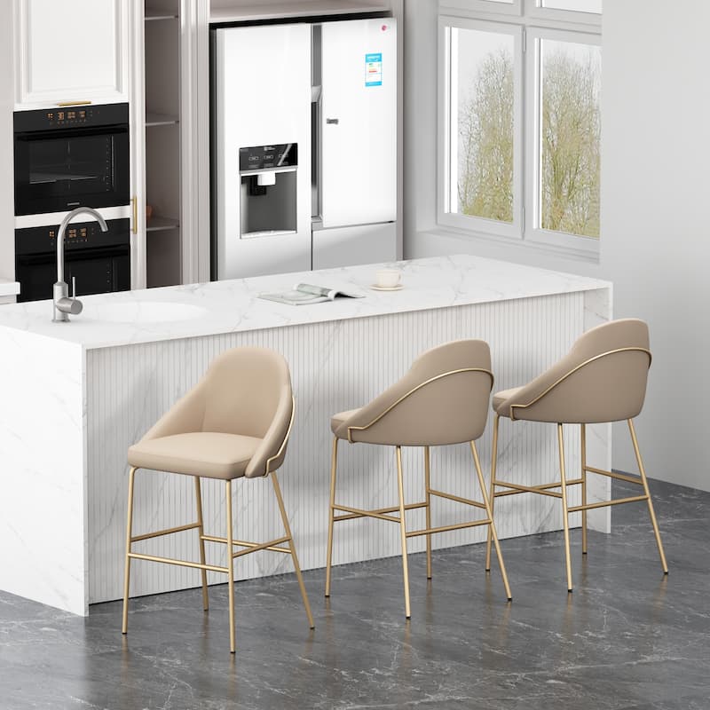 Manhattan Comfort Gracie Leatherette Counter Bar Stoool with Steel Legs - Set of 3 - Tan Gold - Bar Height