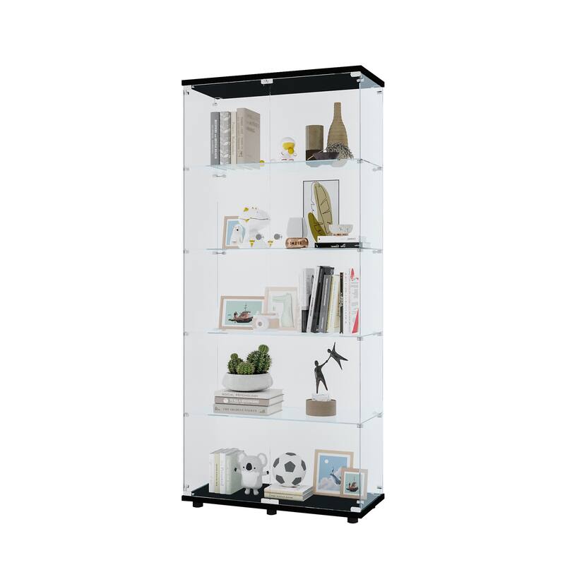 Floor Standing Glass Bookshelf Display Cabinet with 5 Shelves and Double Door