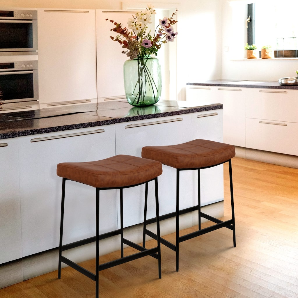 Anmytek 27'' Modern Backless Upholstered Kitchen Counter Bar Stool with Saddle Seat and Metal Base Set of 2