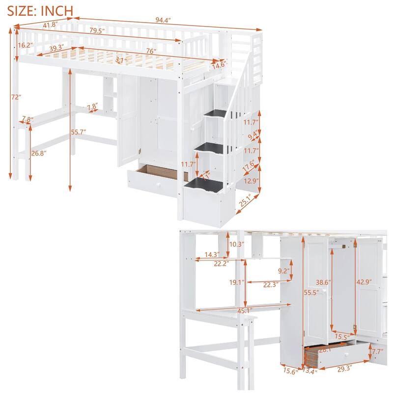 Merax Twin size Loft Bed with Bookshelf,Drawers,Desk,and Wardrobe