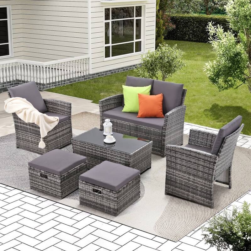 6pcs Wicker Patio Conversation Set Seating Loveseat Sofa with Ottomans - Gray/Gray