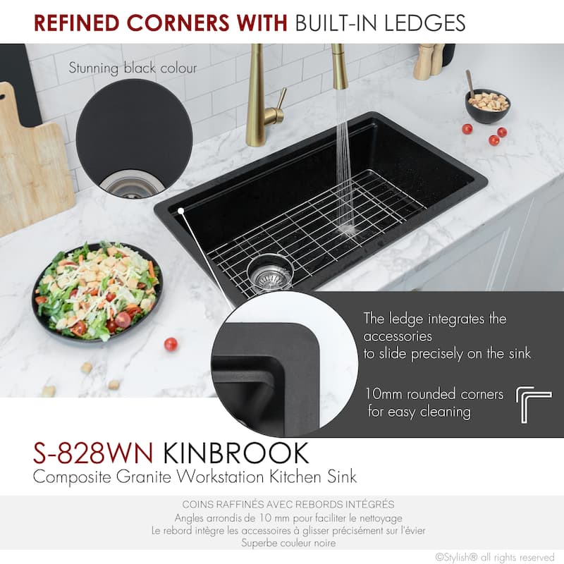 Dual mount 28 inch Black Composite Granite Single Bowl Workstation Kitchen Sink
